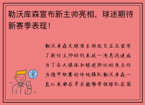 勒沃库森宣布新主帅亮相，球迷期待新赛季表现！