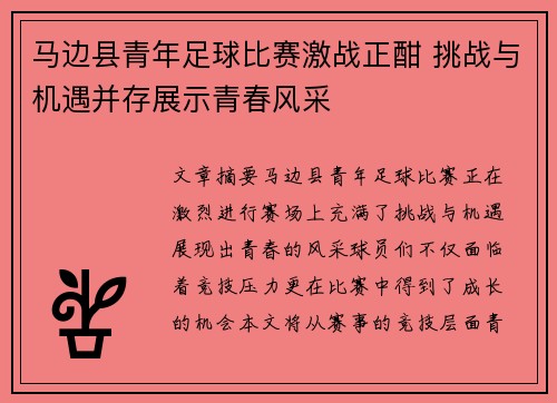 马边县青年足球比赛激战正酣 挑战与机遇并存展示青春风采