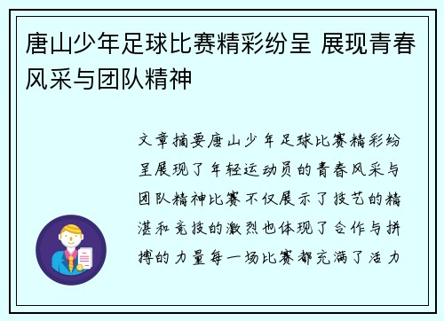 唐山少年足球比赛精彩纷呈 展现青春风采与团队精神