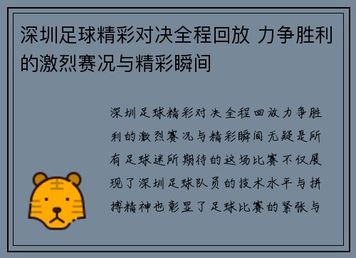 深圳足球精彩对决全程回放 力争胜利的激烈赛况与精彩瞬间