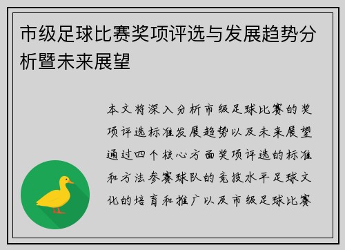 市级足球比赛奖项评选与发展趋势分析暨未来展望