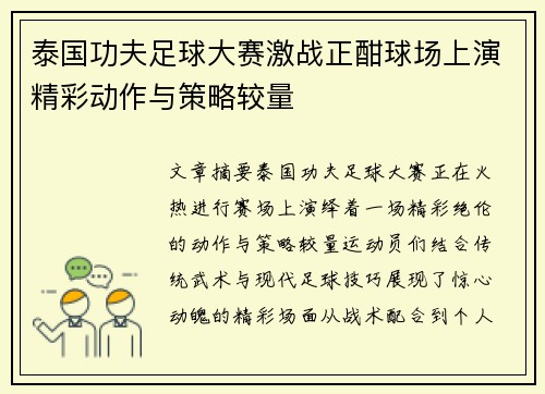 泰国功夫足球大赛激战正酣球场上演精彩动作与策略较量