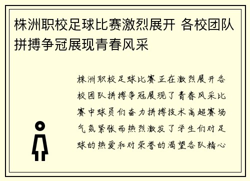 株洲职校足球比赛激烈展开 各校团队拼搏争冠展现青春风采