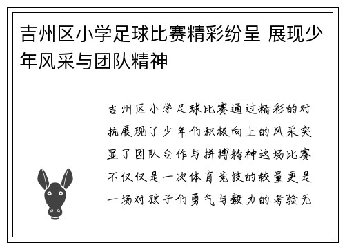 吉州区小学足球比赛精彩纷呈 展现少年风采与团队精神