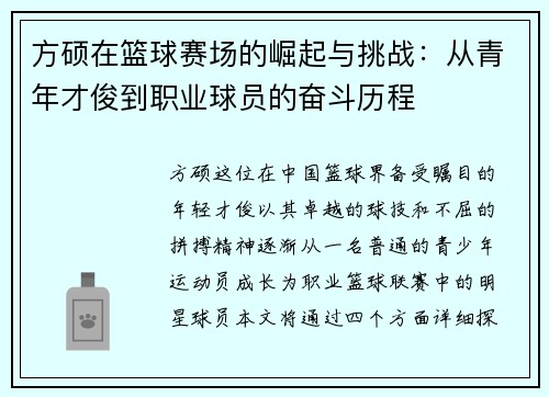 方硕在篮球赛场的崛起与挑战：从青年才俊到职业球员的奋斗历程