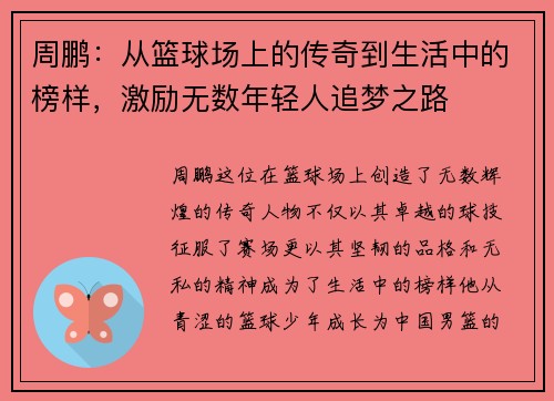 周鹏：从篮球场上的传奇到生活中的榜样，激励无数年轻人追梦之路