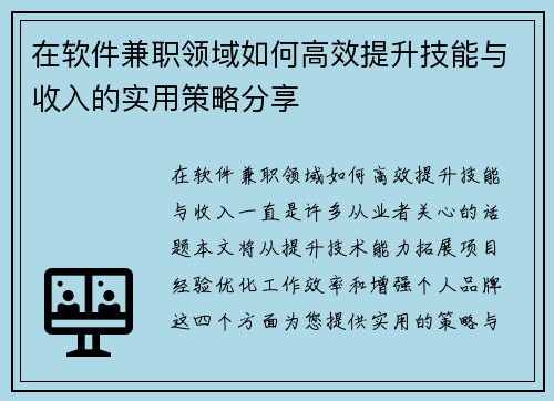 在软件兼职领域如何高效提升技能与收入的实用策略分享