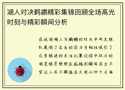 湖人对决鹈鹕精彩集锦回顾全场高光时刻与精彩瞬间分析