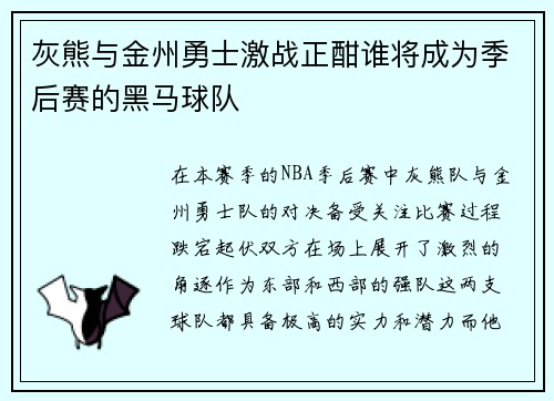 灰熊与金州勇士激战正酣谁将成为季后赛的黑马球队