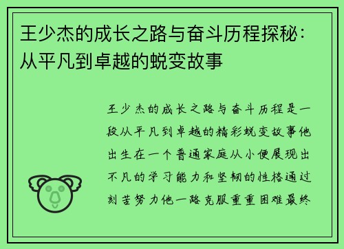 王少杰的成长之路与奋斗历程探秘：从平凡到卓越的蜕变故事