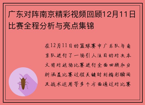 广东对阵南京精彩视频回顾12月11日比赛全程分析与亮点集锦