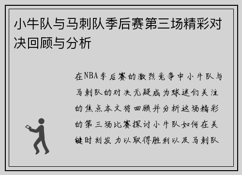 小牛队与马刺队季后赛第三场精彩对决回顾与分析