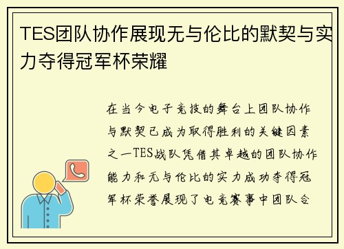TES团队协作展现无与伦比的默契与实力夺得冠军杯荣耀