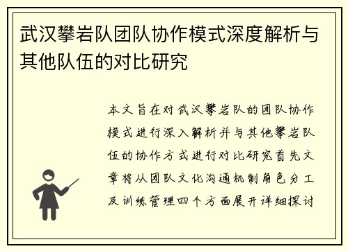 武汉攀岩队团队协作模式深度解析与其他队伍的对比研究